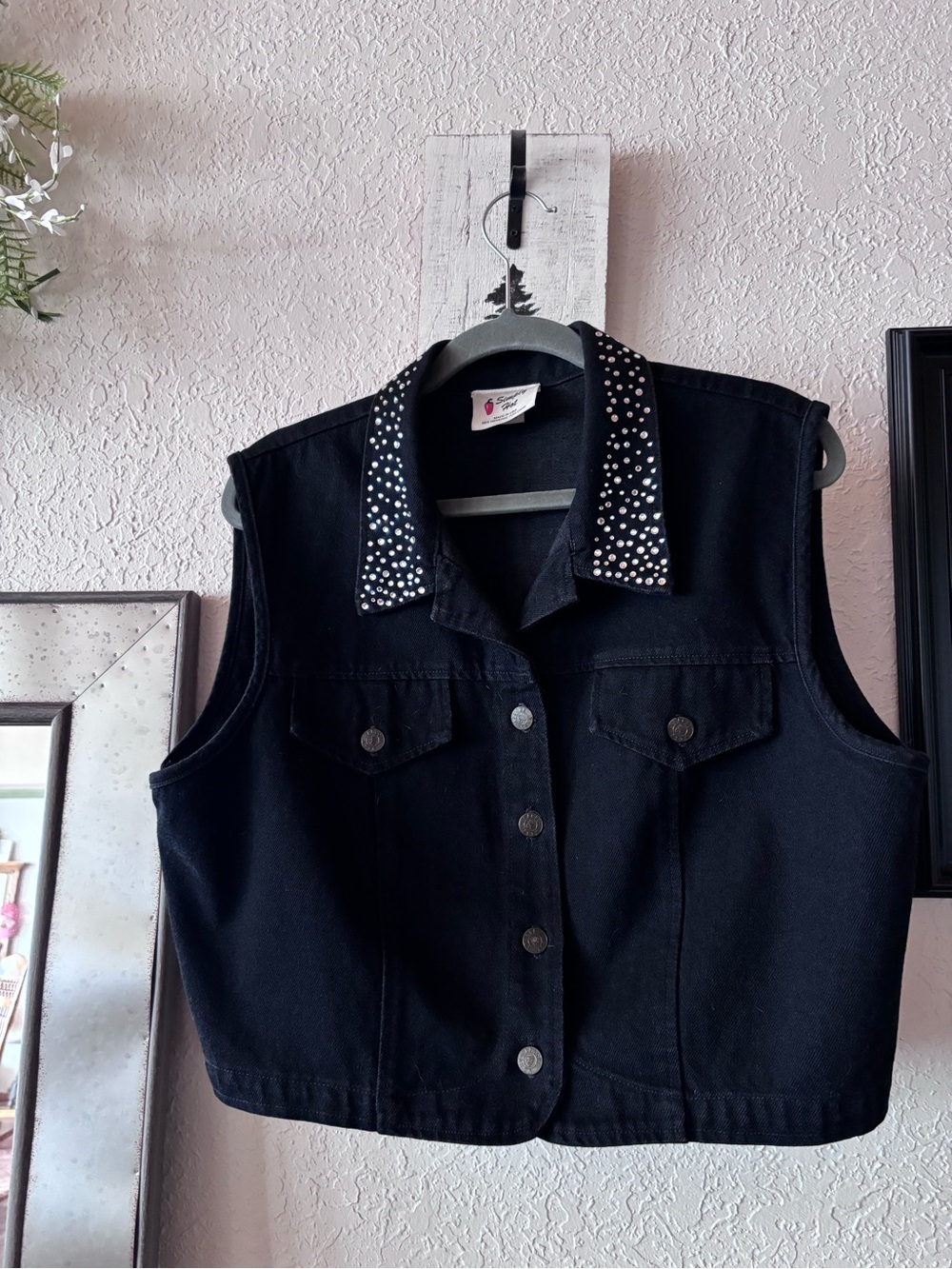 Vintage Black Denim Vest with Embellished Collar
